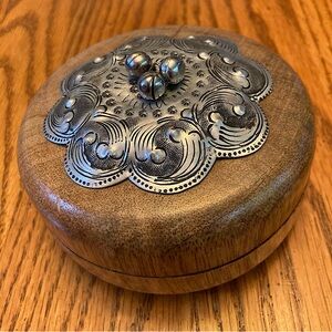 Handcrafted Mango Wood Round Trinket Box With Silver Metal Concho/Bells Thailand